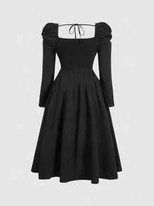 SHEIN MOD Plus Size Butterfly Print Tie Back Gigot Sleeve Dress - Black - View 2
