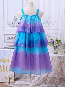 女孩夏季美人鱼风格薄纱吊带连衣裙，甜美公主裙，社交媒体网红连衣裙，蛋糕裙 - 紫色 - 查看 2