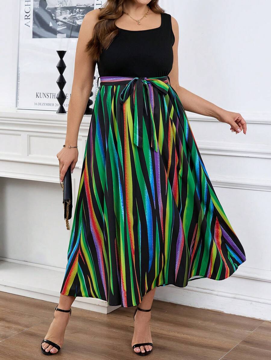 SHEIN Clasi Plus Size Women's Summer Colorful Striped Square Neck Sleeveless Dress - Green - View 1