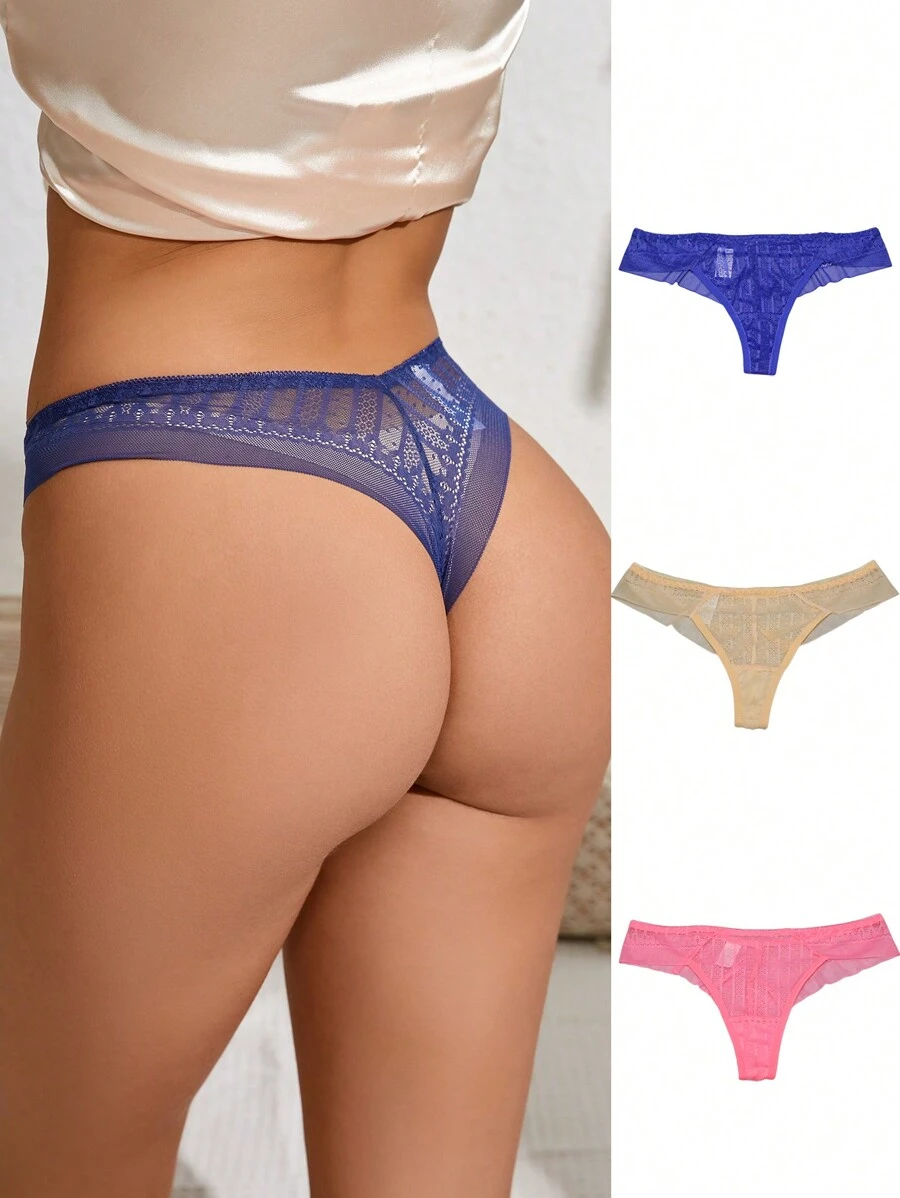 3 件装女士简约蕾丝丁字裤 - 彩色 - 查看 1
