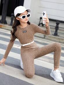 SHEIN Tween 女童简约街头风格运动休闲针织纯色圆领长袖连体裤 - 卡其色 - 查看 6