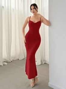 Aloruh 紋理十字綁帶露背緊身連衣裙，臀部包覆設計，適用於女性，優雅派對裝 - 紅色 - 查看 2