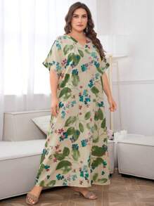 Seusyu Vestido de Verão com Manga Morcego e Estampa Floral Plus - Verde - Ver 4