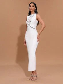 New White Sexy Mesh Splice Sleeveless Rhinestone Bandage Dress, Women's Formal Evening Party Gown - White - View 5