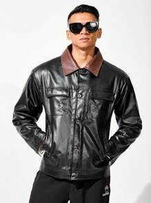 Manfinity Homme Chaqueta de manga larga con bolsillos y botón en el cuello para hombre - Negro - Ver 4