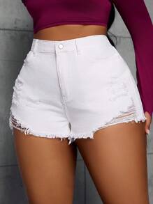 SHEIN Essnce Pantalones cortos vaqueros tipo jegging de talla grande en unicolor con bolsillos, bajo deshilachado y rasgado - Blanco - Ver 6