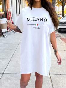 SHEIN MOOSTA Letter Printed Short Sleeve Round Neck Dress