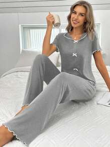 Bowknot Decor Colorblock Women's Short Sleeve Top And Pants Pajama Set Lounge Set Bow Tie