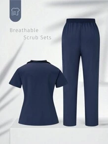 SHEIN TaskFit Plus Size Women's Solid Color V-Neck Top & Pants Uniform Scrub Set - Navy Blue - View 2