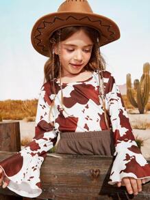 SHEIN 2pcs Young Girl's Round Neck Long Sleeve Allover Print Blouse And Ruffle Hem Shorts Cowgirl Set - Coffee Brown - View 4