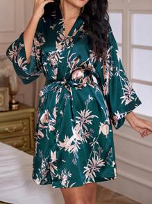 Bata de satén con estampado floral, hombros caídos y cinturón, sin lencería, otoño - Multicolor - Ver 1