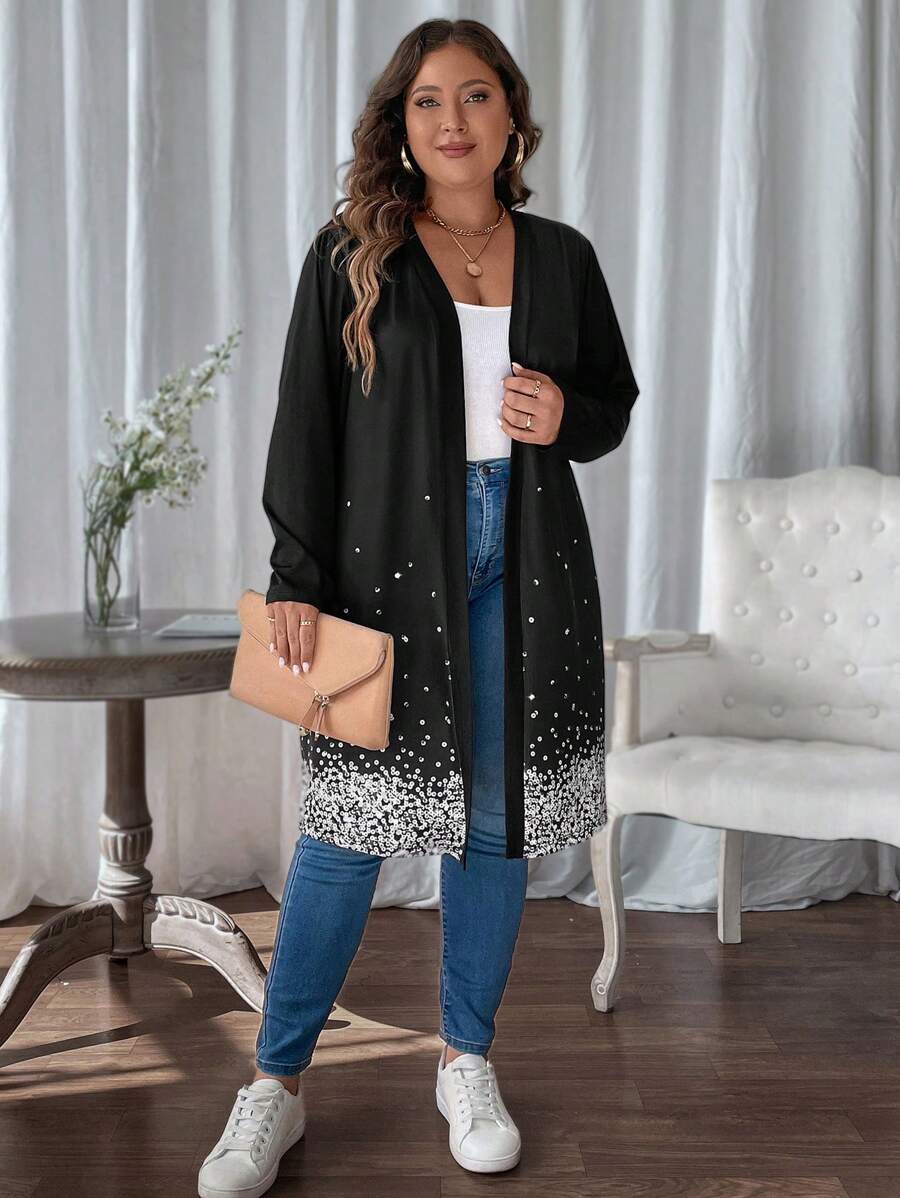 SHEIN LUNE Plus Size Women's Spring Autumn Sequin Print Long Sleeve Open Front Long Casual Jacket - Black - View 1