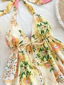 Soleia 女士浪漫花卉印花露背系带蝴蝶结不对称下摆装饰吊带背心，适合夏季茶会、毕业季