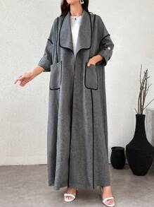 Al Najma 女士长袖朴素阿拉伯长袍，大领子，撞色饰边和口袋