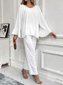 Chiquease 2pcs Women Casual White Outfit With Lace Patchwork Ruffle Hem Detail, For Autumn - White - View 7