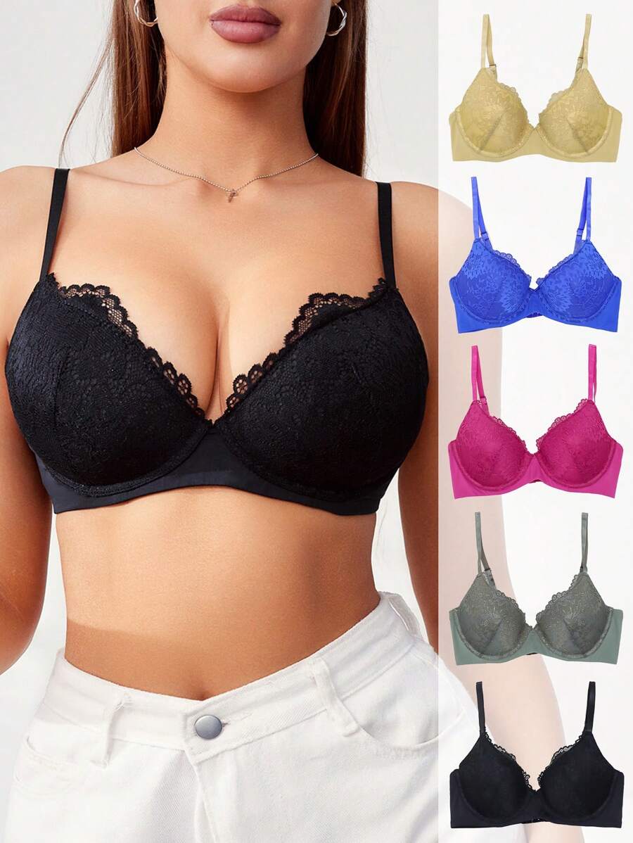 SHEIN Áo ngực khâu ren màu trơn của phụ nữ - Nhiều màu - Xem 1