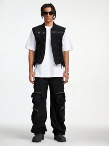 Manfinity VCAY Men's Solid Color Zipper Design Woven Vest, Hip Hop And Popular Style, For Fall Winter - Black - View 4