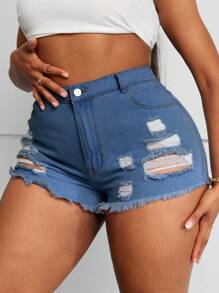 SHEIN SXY Plus Size Fashion Distressed Denim Shorts - Medium Wash - View 5
