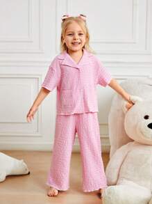 SHEIN Set de pijamale 2 bucăți cu guler cu buzunare, cămașă cu mânecă scurtă și pantaloni largi pentru fete tinere