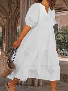 Slaydiva Plus Size Đầm chữ A kiểu dáng babydoll màu trắng thanh lịch & giản dị có miếng vá nhiều lớp, tay áo ngắn kiểu đèn lồng và viền bất đối xứng, vải dệt mỏng cho nữ, Xuân & Hè - Z - trắng - Xem 1