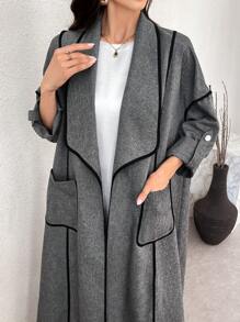 Al Najma 女士长袖朴素阿拉伯长袍，大领子，撞色饰边和口袋