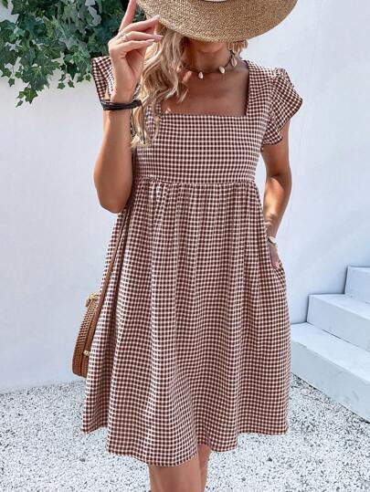 Breezaya Gingham Square Neck Butterfly Sleeve Smock Dress,Ladies Cute Ruffle Cap Sleeve Square Neck Regular Fit Short Brown Flounce Sleeve Gingham Smock Women Short Dresses,Spring/Summer,Casual Daily Wear Vacation Beach Outfit
