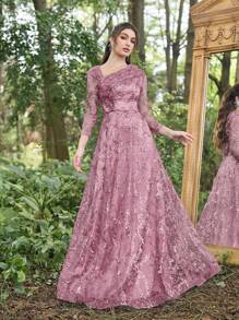 Faeriesty Váy dạ hội dự tiệc cưới sang trọng, cổ chéo sequin, tay áo 3/4, váy dự tiệc, tốt nghiệp, tiệc tối - Bụi hồng - Xem 4