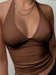 SHEIN EZwear Solid Color Sleeveless Backless Tank Top, Summer Casual - Brown - View 3