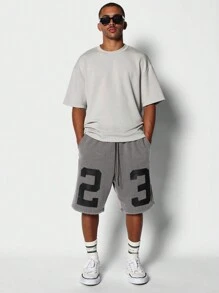 SUMWON 落裆撞色针脚数字印花休闲裤 - 灰色 - 查看 3