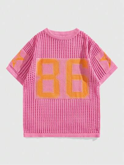 Street Life Men's Number Pattern Hollow-Out Knitted Knit Top, Football Style, School