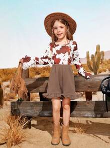 SHEIN 2pcs Young Girl's Round Neck Long Sleeve Allover Print Blouse And Ruffle Hem Shorts Cowgirl Set - Coffee Brown - View 6