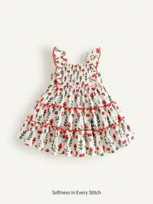 Cozy Pixies Baby Girl Floral Print Ruffle Hem Waist Cinched Dress - Redwood - View 3
