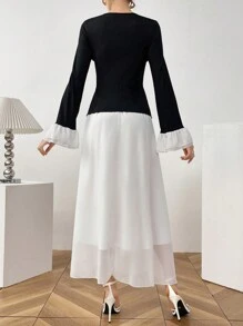 Modelyn 2pcs Women's Contrast Color Ruffle Trim Flare Sleeve Top And Solid Color Skirt Set 2 Pieces Set Fall Cloth For Women - Multicolor - View 4