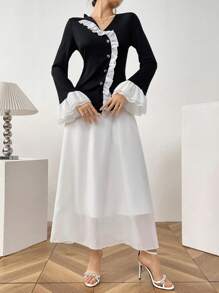 Modelyn 2pcs Women's Contrast Color Ruffle Trim Flare Sleeve Top And Solid Color Skirt Set 2 Pieces Set Fall Cloth For Women - Multicolor - View 8