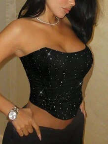 Y2K 闪亮亮片网眼褶皱带骨弧形下摆系带露背紧身胸衣塑身衣短款抹胸性感音乐节 - 黑色 - 查看 3