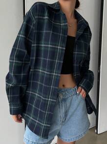 DAZY 女士宽松落肩长袖格子衬衫，春秋季，长袖上衣，法兰绒女装，秋季女装 - 綠色 - 查看 4