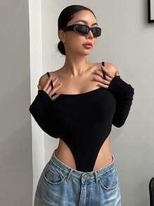 DAZY Women's Fashion Sexy Solid Color Cold Shoulder Bodysuit Y2k Long Sleeve Women Tops,Fall Women Clothes Off Shoulder Top