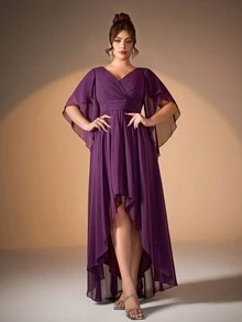 Váy dạ hội cao cấp cổ chữ V bằng vải voan ngọc trai cỡ lớn, viền bất đối xứng, váy phù dâu - Màu tím - Xem 3