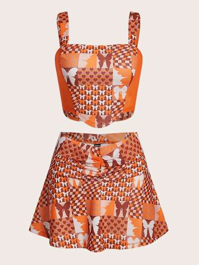 SHEIN X KeniaOs SHEIN ICON Butterfly Print Bandana Hem Crop Wide Strap Top & Skirt