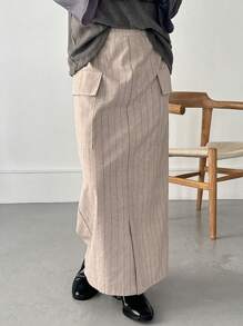 FRIFUL 女士弹力腰拉链半开襟工装口袋A字休闲长裙/铅笔裙 - 卡其色 - 查看 1