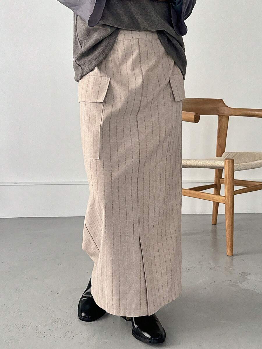 FRIFUL 女士弹力腰拉链半开襟工装口袋A字休闲长裙/铅笔裙 - 卡其色 - 查看 1