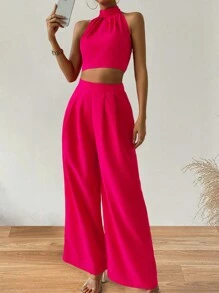 Chiquease Women's Solid Color Halter Top And Wide Leg Pants Set - Hot Pink - View 6