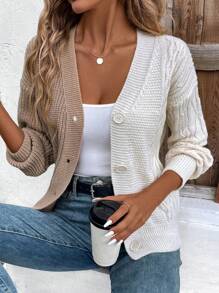SHEIN LUNE Color Block Button-Up Casual Long Sleeve Cardigan