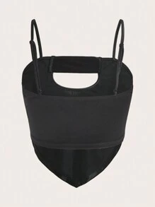 SHEIN X KeniaOs SHEIN ICON 水钻细节镂空手帕下摆吊带背心 - 黑色 - 查看 7