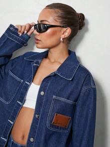 SUMWON WOMEN Xẻng denim quá khổ có nhãn vá - Màu xanh lam - Xem 3