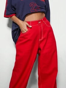 SUMWON WOMEN Jean ống rộng có đường khâu tương phản - Đỏ - Xem 3
