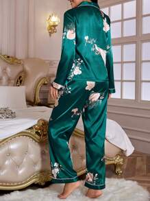 LuxeNights Floral Print Contrast Piping Satin PJ Set / Pajama Set, Fall Winter Clothes