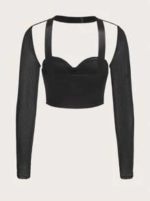 SHEIN X KeniaOs SHEIN ICON Top bustier con dobladillo asimétrico y mangas de malla sólidas - Negro - Ver 5