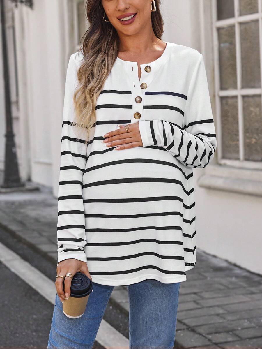 SHEIN Maternity Striped Print Button Round Neck Long Sleeve T-Shirt, Summer - Black and White - View 1