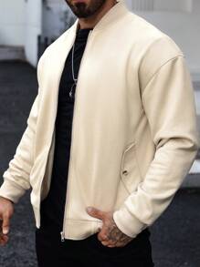 Manfinity Homme Men's Zipper Pocket Long Sleeve Solid Color Simple Casual Fashion Jacket Coat For Everyday Wear, Back To School - Apricot - View 3